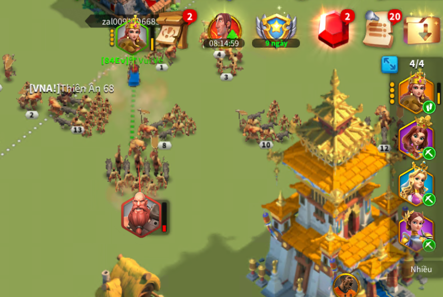 City aerial view — bot quản lý toàn bộ city building queue + research song song 24/7
