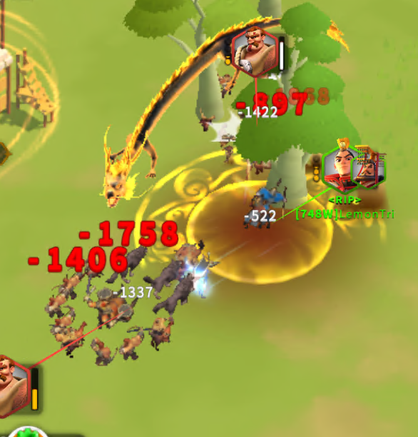 AOE skill cast ở frame perfect — 4 damage numbers đồng thời (-1.758 / -1.406 / -522 / -297) trong 1 lần trigger trên cụm rợ